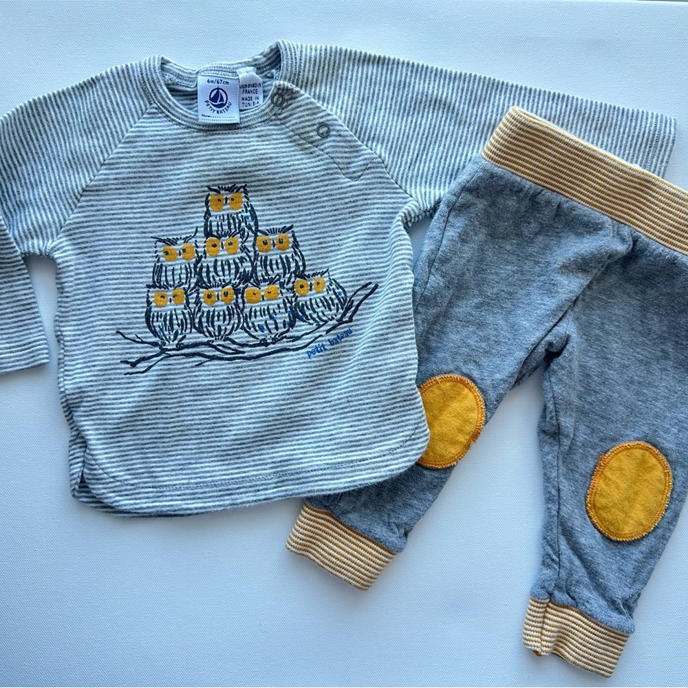 Petit Bateau Owl Top & Patch Knee Pants Set – 6M